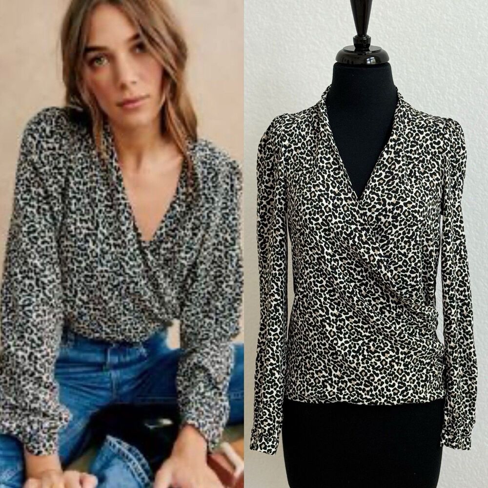 Sezane Abelia Cream Leopard Faux Wrap Blouse Long Sleeve Draped V-Neck Sz 34/XS